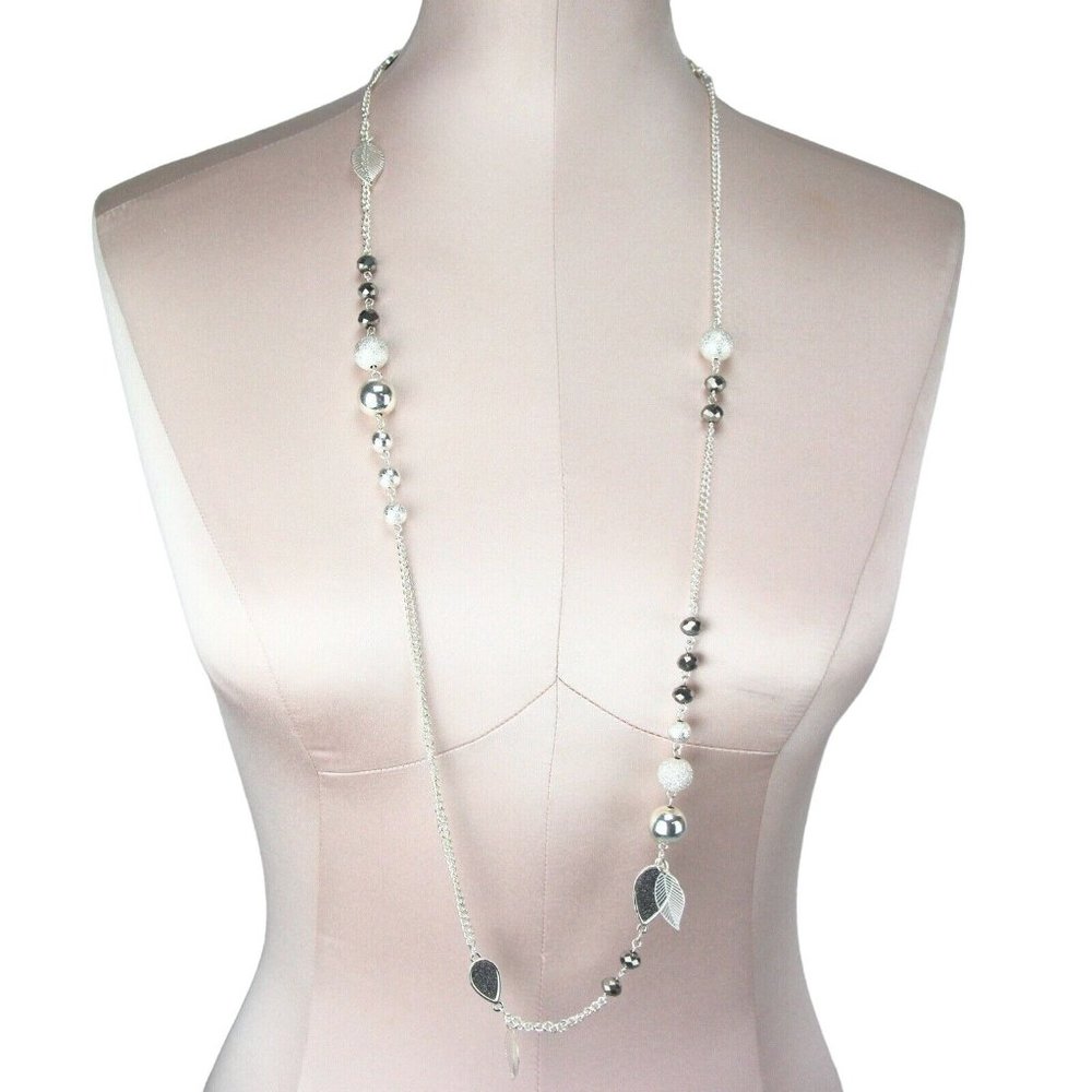 Kohl's Metal Necklace Long Silver-tone Single-Strand Leaves & Beads